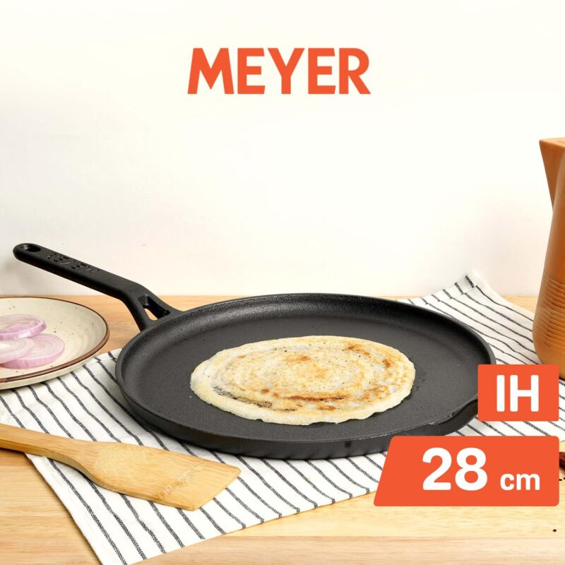 Meyer Pre-Seasoned Cast Iron Flat Dosa, Roti, Chapati Tawa Pan with Stick Handle, Dosa Kallu, Iron Tawa Big Size | Pre-Seasoned Iron Cookware | Gas and Induction Compatible | 28cm, Black - Image 7