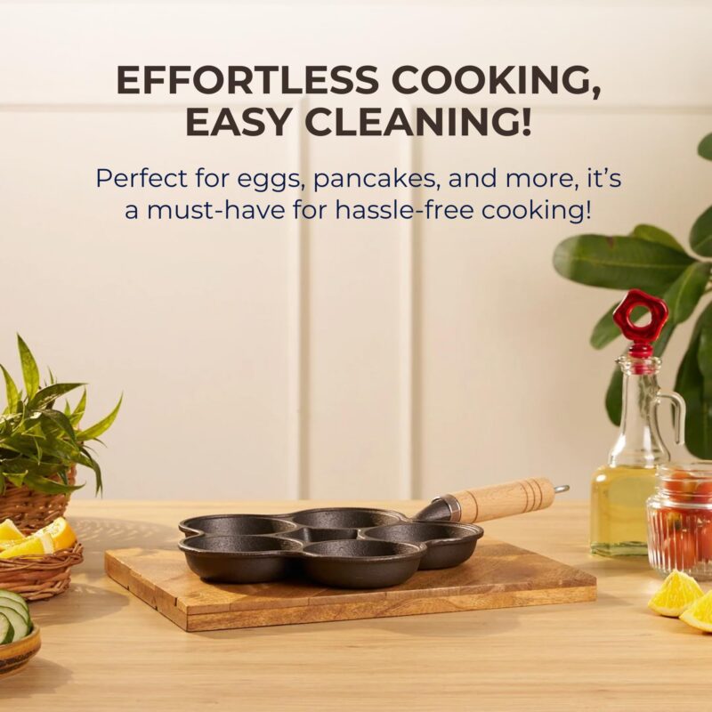 HomeEssentials Cast Iron Egg Pan - 6 Hole Nonstick Skillet with Wood Handle | Omelette Pan | Mini Uttapam Pan | Appam Patra | Litti Maker | Nonstick Pan for Eggs,Dumplings | Egg Frying Pan | 42 cm - Image 5