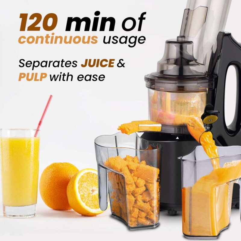 AGARO Royal Slow Juicer, Professional Cold Press Whole Slow Juicer, 240 Watts Power Motor, 120 Minutes Long Usage, 3 Strainers, All-in-1 Fruit & Vegetable Juicer, Black - Image 6
