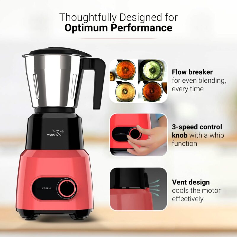 V-Guard Precia Mixer Grinder 500 Watt / 2 Year Motor Coverage by V-Guard / 3 Jar Mixie for Kitchen with Multifunctional SS Mixer Jars (Chutney, Dry, & Wet), Precision Stainless Steel Blades - Image 5