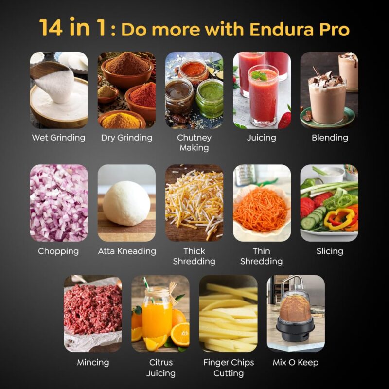 Prestige Endura Pro 1000W Multi Functional Mixer Grinder With Ball Bearing Technology|6 Jars With Food Processing Attachments |14 Different Functionalities|Black & Silver - 1000 Watts - Image 8