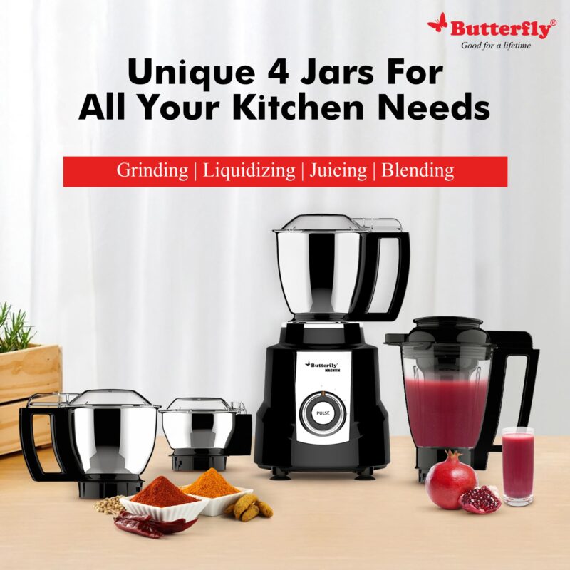 Butterfly Magnum 1.2HP Mixer Grinder with 4 Jars | 100% Copper Motor | 3 Stainless Steel Multipurpose Jars and 1 Juicer Jar | ABS Body | Handsfree Operation | Lifetime Motor Warranty| Black - Image 6