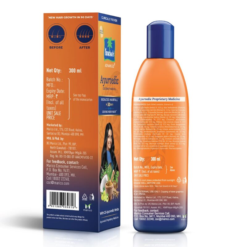 Parachute Advansed Ayurvedic Coconut Hair Oil | For Hair Fall Control & Hair Growth | With Coconut & 25 Ayurvedic Herbs like Amla, Neem, Bhringraj, Brahmi, Methi etc | Clinically Proven to Reduce Hair Fall in 30 Days | 300ml - Image 9