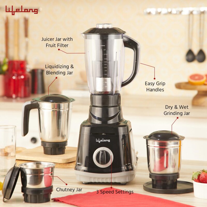 Lifelong Juicer Mixer Grinder for Kitchen - 4 Jars 750 Watt Mixie - Juicer with Fruit Filter, Grinding Jar, Chutney Jar & Liquidizing Jar used as Wet Grinder & Blender - Stainless Steel Blades(LLMG75) - Image 6