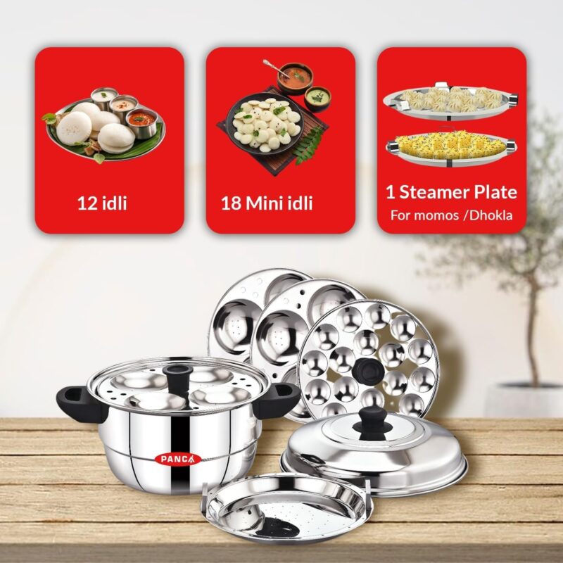 PANCA Idli Maker Stainless Steel Idli Cooker, Idli Steamer, Dhokla Maker and Mini Idli Plate, Idly Pot (Silver, 12 Idli 5 Plate Idli Kadai) - Image 7