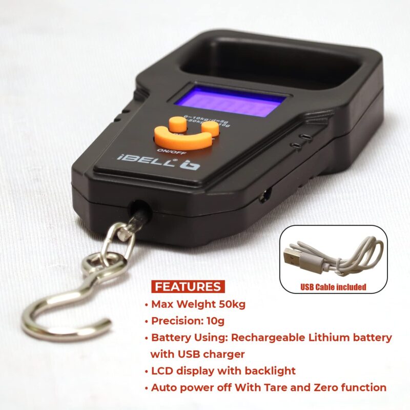 iBELL Rechargeable Weight Machine For Luggage Weighing Scale, Portable, 50 KG, Hook Type with Digital LED Screen & Tare Function, LS510RM (Black) - Image 5