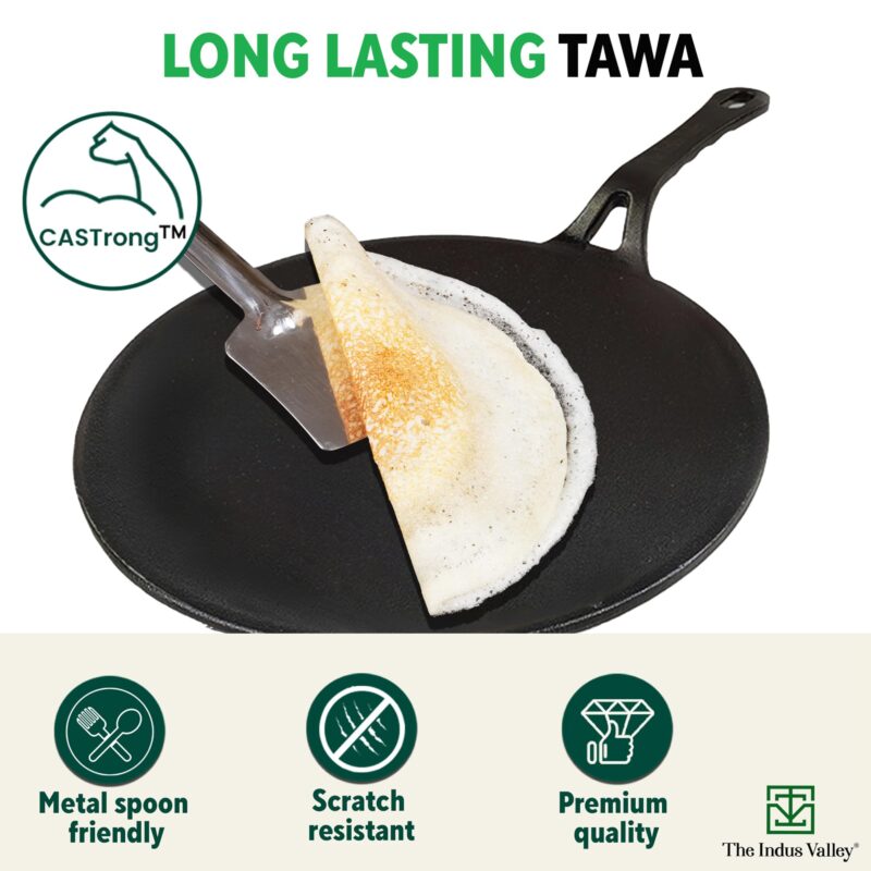 The Indus Valley Pre-Seasoned Cast Iron Concave Dosa Tawa + Free Wooden flip | 25.4cm/10 inch, 1.9kg | Gas Stove Compatible | Naturally Nonstick, 100% Pure & Toxin-Free, No Chemical Coating - Image 5