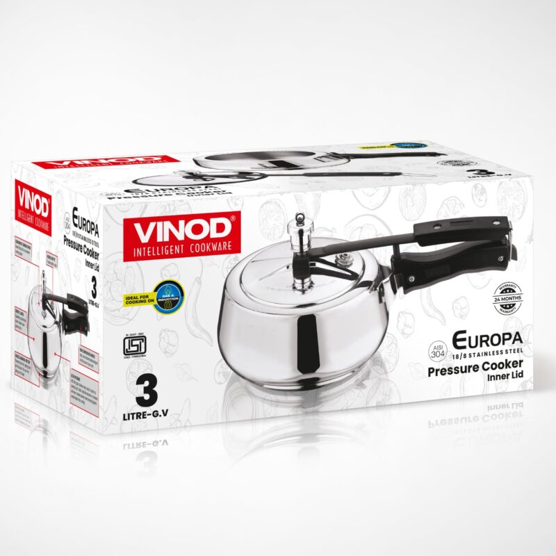 Vinod Europa Stainless Steel Inner Lid Pressure Cooker - 3 Litre | Handi Shape | Sandwich Bottom Cooker | Induction and Gas Base | ISI and CE certified - 2 Years Warranty - Image 2