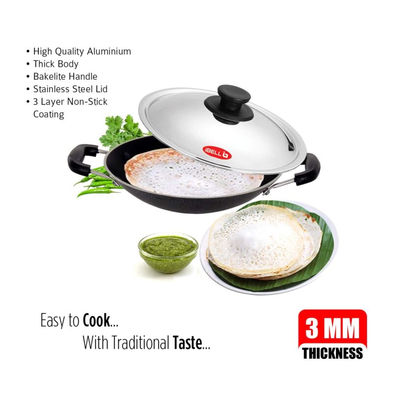 IBELL Premium Non-Stick Aluminium Appam Pan with Lid, Appachatty, 200mm, Silver - Image 6