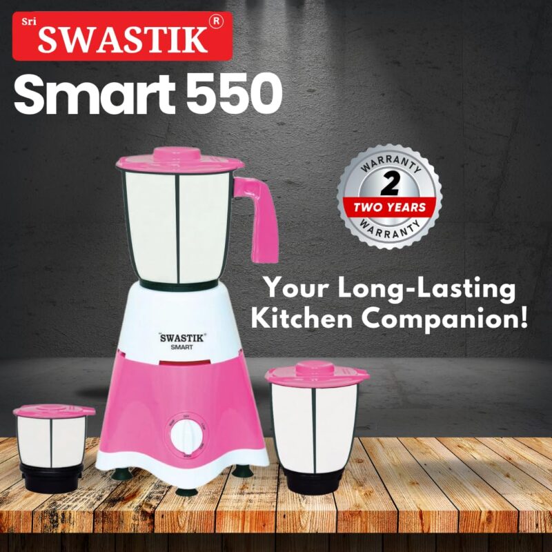 Sri Swastik Smart 550 Mixer Grinder - 550W Heavy-Duty Motor, 3 Stainless Steel Jars, Pink - Image 2