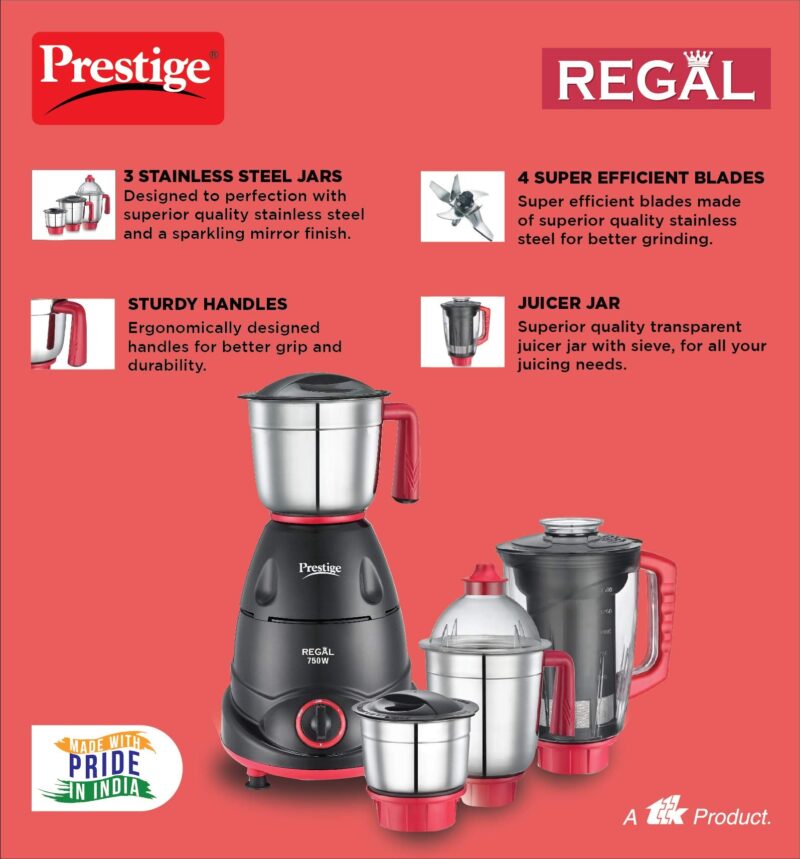Prestige Regal Mixer Grinder, 750W, 3 Stainless Steel Jar + 1 Juicer Jar, Multi-Color, Medium - Image 3