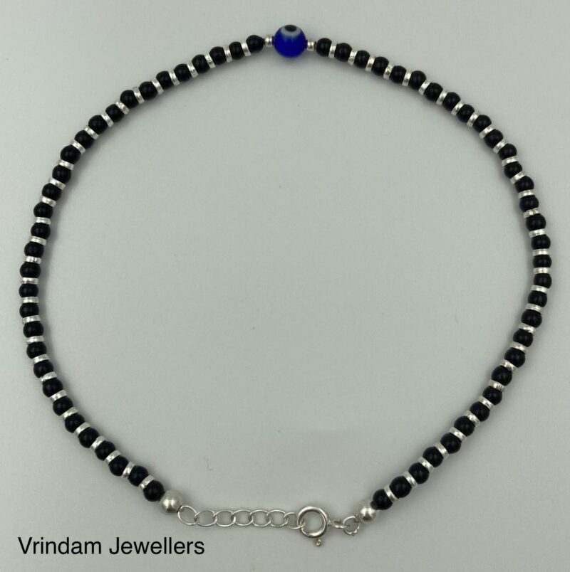 VRINDAM JEWELLERS 925 Sterling Silver Blue Evil Eye Nazariya Anklet with Black Beads For Girl's & Women |Adjustable |Comfortable |Single Piece |Length 27 cm |Weight Approx...7 GM - Image 3