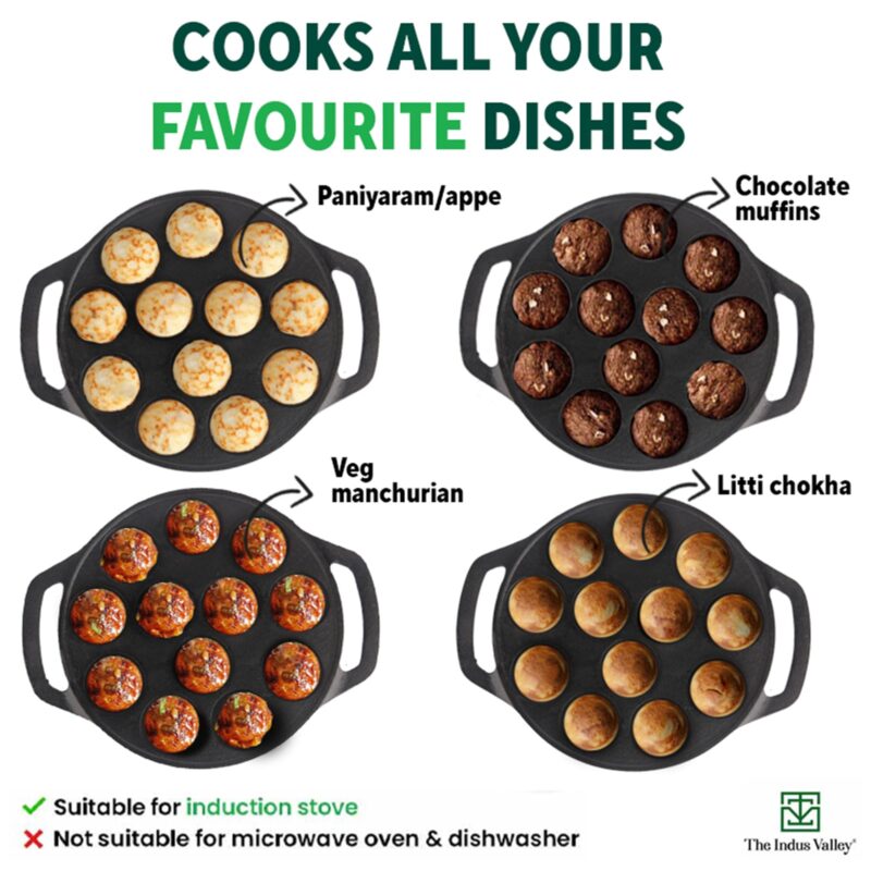 The Indus Valley Pre-Seasoned Cast Iron Paniyaram Pan With Spatula|Medium, 12Pit, 8.3Inch/21 Cm, 2Kg|Induction Friendly|Nonstick Appe/Paddu Pan, 100% Pure & Toxin-Free, No Chemical Coating, Black - Image 2