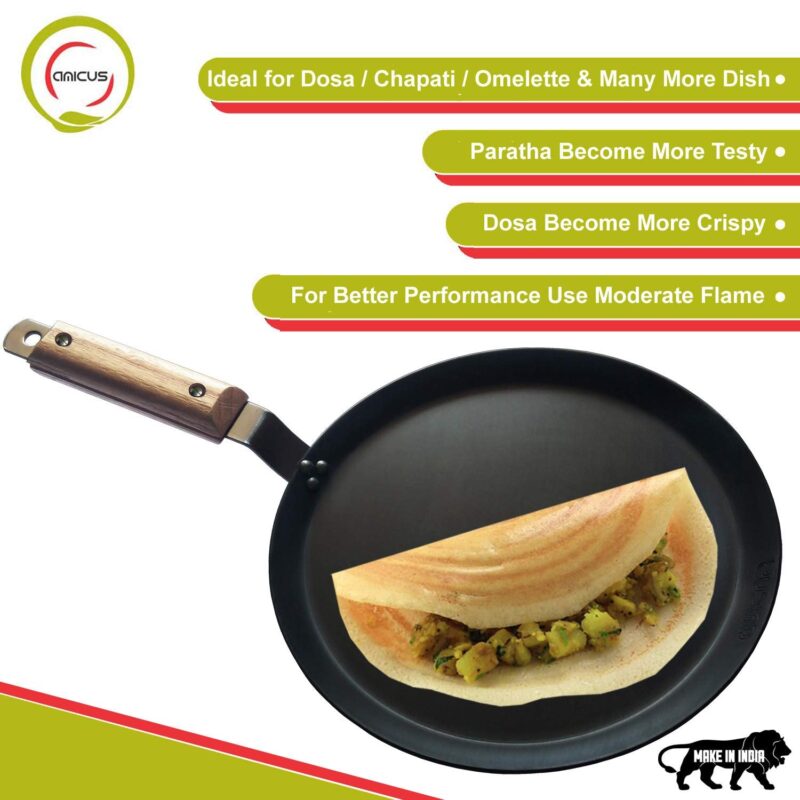 amicus Kitchen Premium Iron Tawa for Dosa Roti Chapati, Flat Iron Tava with Wooden Handle, Induction Friendly,10 Inch,1.2 Kg, Black - Image 5