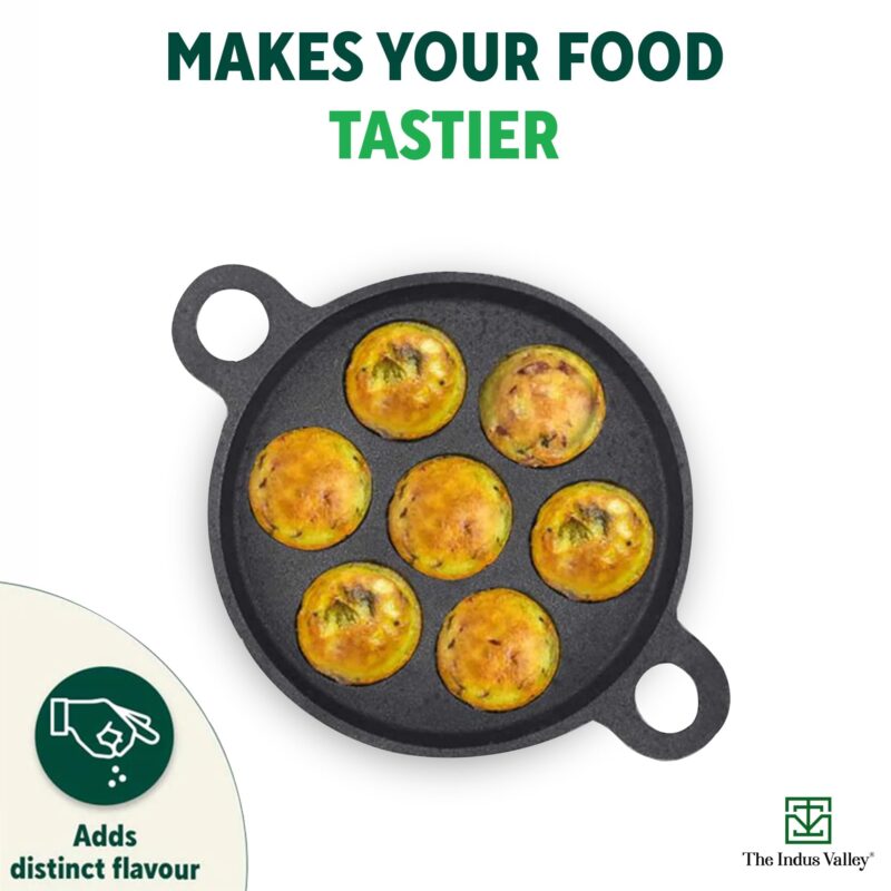 The Indus Valley Super Smooth Cast Iron Paniyaram Pan | 7Pit, 19Cm/7.4 Inch, 2.2Kg | Induction Friendly | Nonstick, Pre-Seasoned Appe/Paddu Pan, 100% Pure & Toxin-Free, No Chemical Coating - Black - Image 3