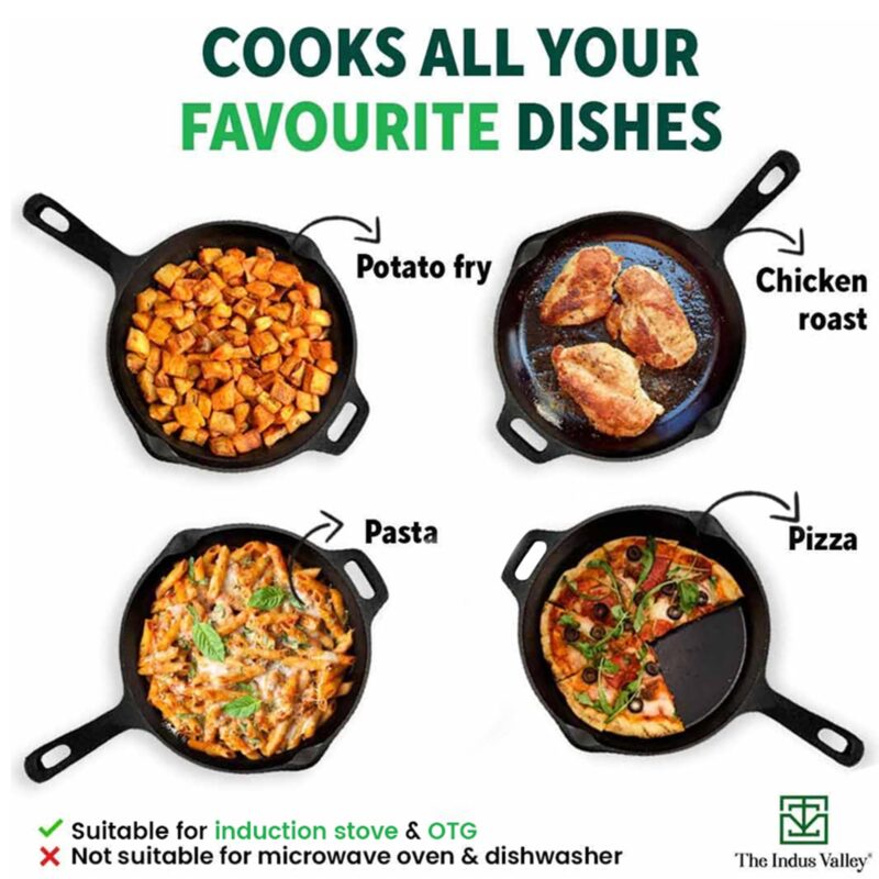 The Indus Valley Super Smooth Cast Iron Fry Pan/Skillet With Long Handle|Medium,25.4Cm/10Inch,1.7Ltr,2.4Kg|Induction Friendly|Nonstick Pre-Seasoned,100% Pure & Toxin Free,No Chemical Coating,Black - Image 2