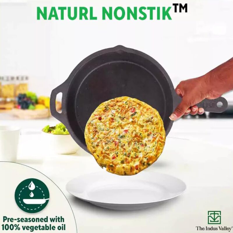 The Indus Valley Super Smooth Cast Iron Cookware Set | Tawa (26.2 Cm) + Kadai (26.1 Cm) + Fry Pan (24.8 Cm) | Pack Of 3 | Pre-Seasoned Cookware, 100% Pure & Toxin-Free, No Chemical Coating, Black - Image 4