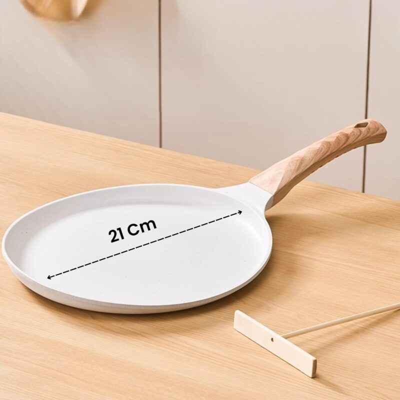 HomeEssentials Maifan Nonstick Tawa – Healthy Nonstick Pan with Wooden Handle/Easy to Clean Cooking Pan for Dosa, Chapati, Pancakes & Omelets/Induction & Gas Stove (White) - Image 2