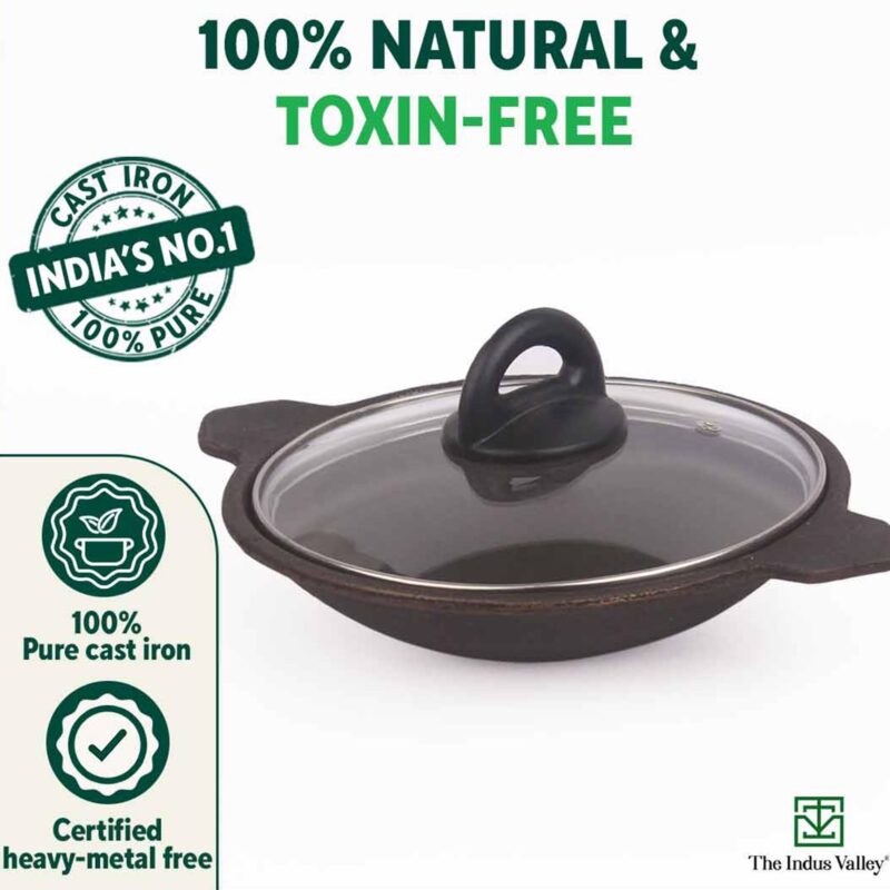 The Indus Valley Pre-Seasoned Cast Iron Appam Pan/Appachatty/Chetty Pan/Appam Patra with Glass Lid | 22 Cm/8.7 Inch, 1.5Kg | Gas Compatible | Nonstick Appam Pan, 100% Pure & Toxin-Free - Image 8
