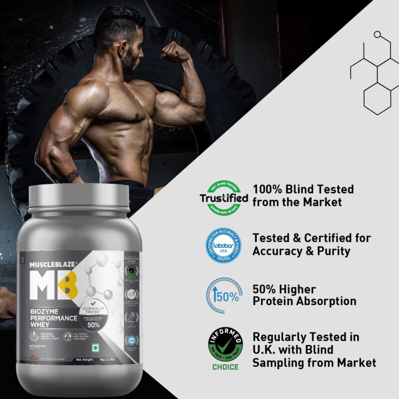 MuscleBlaze Biozyme Performance Whey Protein (Rich Chocolate, 1 kg / 2.2 lb) | Clinically Tested 50% Higher Protein Absorption | Informed Choice UK, Labdoor USA Certified & US Patent Filed EAF® - Image 5