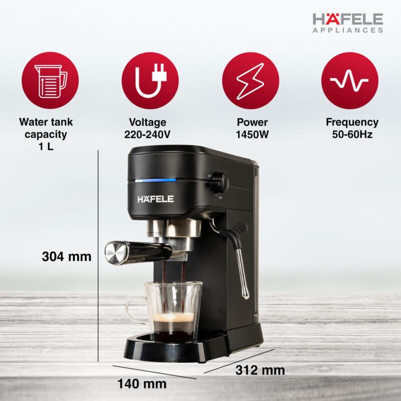 Hafele U-Kaffee Espresso Coffee Machine, 15-Bar Pressure, Removable Water Tank (1L), Single/Double Espresso, Cappuccino & Latte, Adjustable Milk Frother, Thermoblock Technology, 1450 W - Image 3