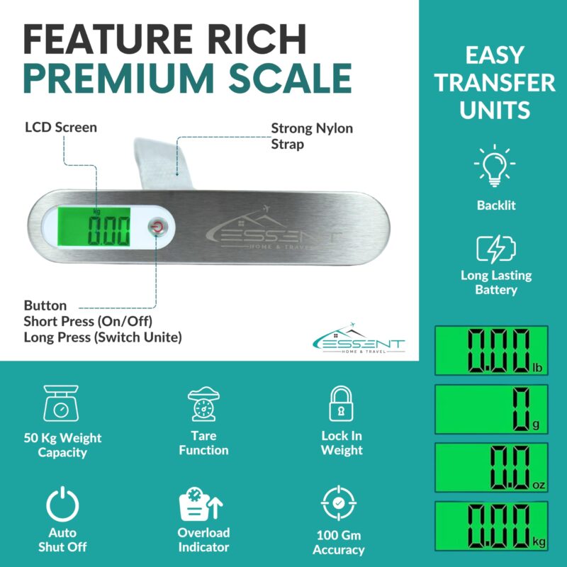 Essent™ Weight Machine for Luggage - 50kg Capacity, Steel Body, 10 Years Replacement - Premium Digital Luggage Weighing Scale, Weighing Machine for Luggage for Home, Flights, Bags (Silver, 50kg) - Image 7