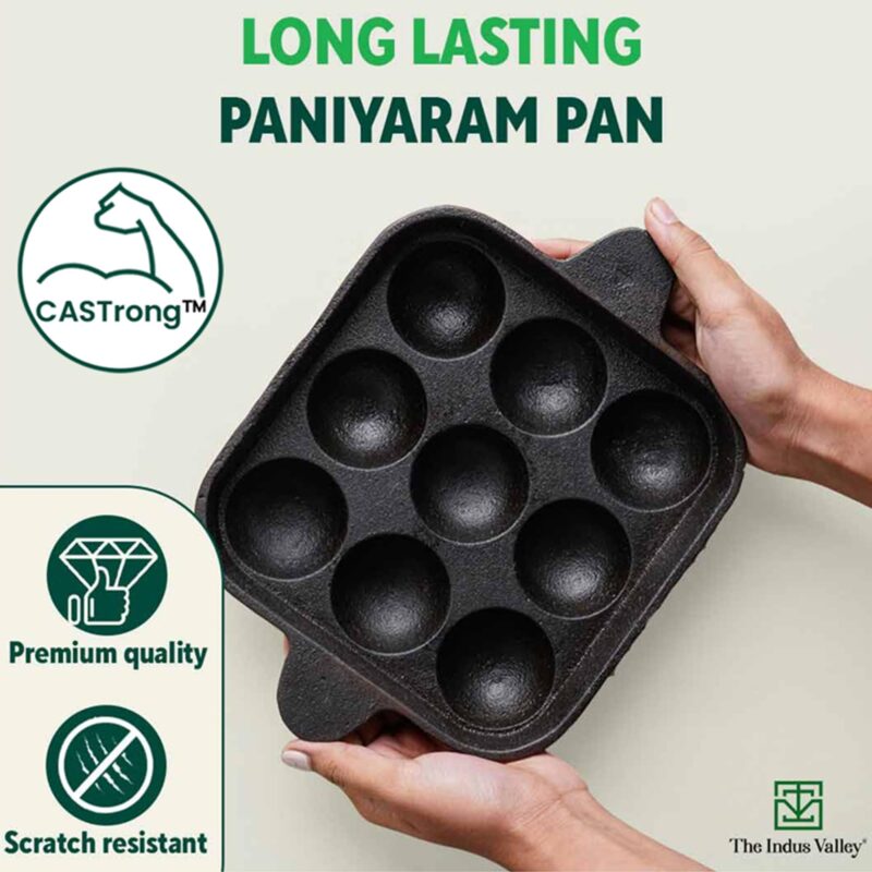 The Indus Valley Pre-Seasoned Cast Iron Square Paniyaram Pan | 9pit, 24cm/9.4inch, 1.3kg | Naturally Nonstick Appe/Paddu Pan, 100% Pure & Toxin-Free, No Chemical Coating, Black - Image 4