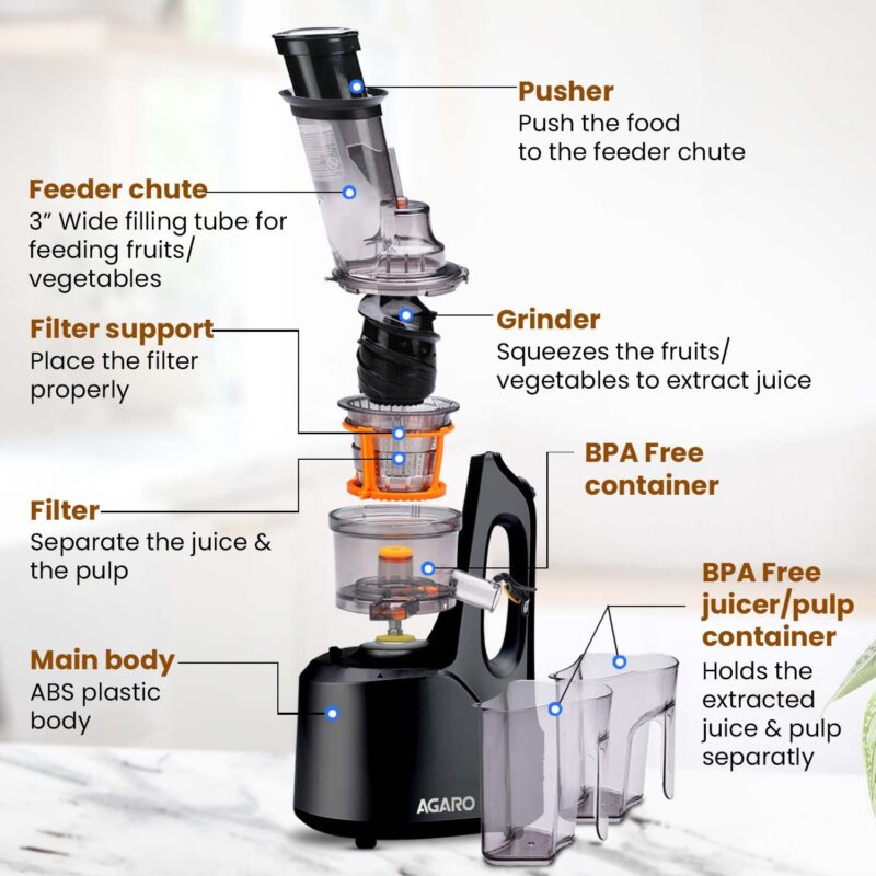 AGARO Royal Slow Juicer, Professional Cold Press Whole Slow Juicer, 240 Watts Power Motor, 120 Minutes Long Usage, 3 Strainers, All-in-1 Fruit & Vegetable Juicer, Black - Image 4