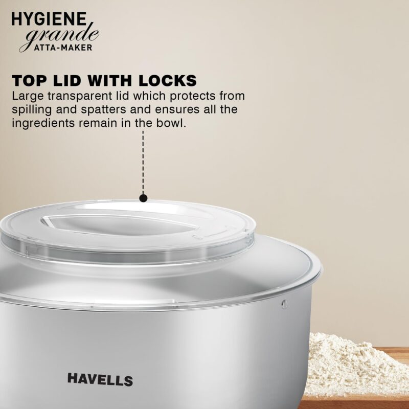 Havells Hygiene Grande Atta Kneader Dough Maker with 5L SS Bowl, Up to 1 KG Dough Maker, 4 Speed, Aluminium Dough Hook, Transparent Anti Splatter Lid with Lock, Hands Free Operation, 2 Yr Warranty - Image 8