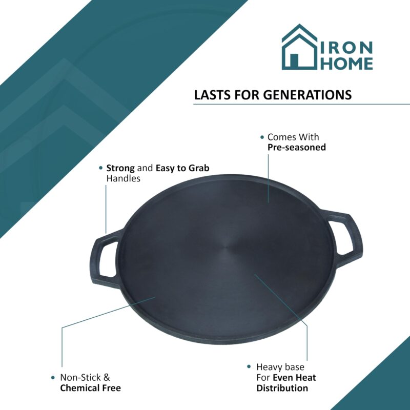 IRONHOME Premium 12 inches Cast Iron Dosa Tawa for Perfectly Crispy Dosas | Pre-Seasoned Big Size Dosa Tawa Cast Iron | Durable and Versatile Cast Iron Tawa | Traditional Cast Iron Dosa Tawa - Image 7
