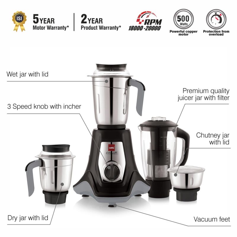 Cello Kitchenette Collection Levanate Pro Plus Mixer Grinder with 3 Jars & 1 Juicer | 500 Watts | 3X Speed Control | Set of 4 | Black - Image 5