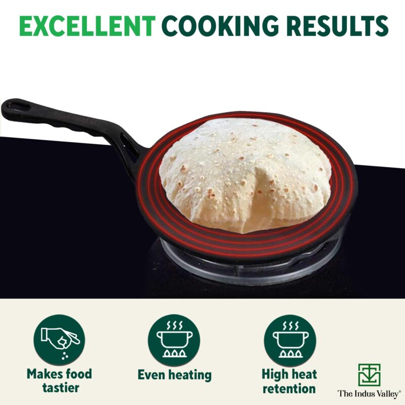 The Indus Valley Pre-Seasoned Cast Iron Concave Dosa Tawa + Free Wooden flip | 25.4cm/10 inch, 1.9kg | Gas Stove Compatible | Naturally Nonstick, 100% Pure & Toxin-Free, No Chemical Coating - Image 6