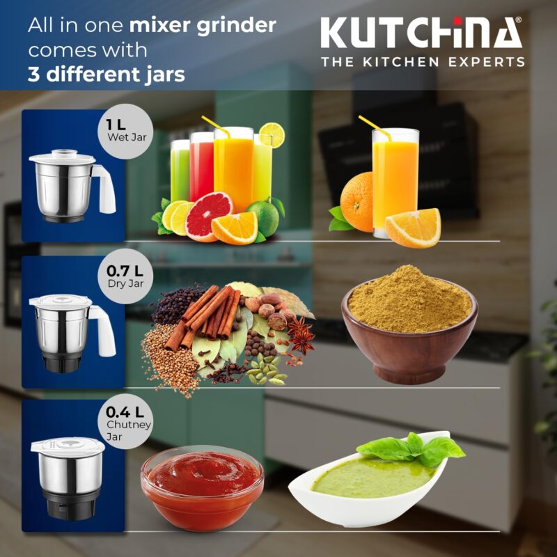Kutchina Stylo 500 Hygrade Motor Mixer Grinder 500 Watt with 3 Jars (Liquidizing, Wet Grinding, Chutney Jar) | Stainless Steel Blades | Mixer Grinder 500+ Watt | 2 Years on Product - Image 2