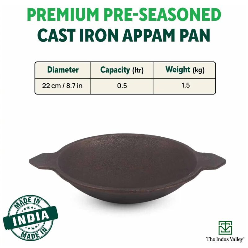 The Indus Valley Pre-Seasoned Cast Iron Appam Pan/Appachatty/Chetty Pan/Appam Patra with Glass Lid | 22 Cm/8.7 Inch, 1.5Kg | Gas Compatible | Nonstick Appam Pan, 100% Pure & Toxin-Free - Image 9