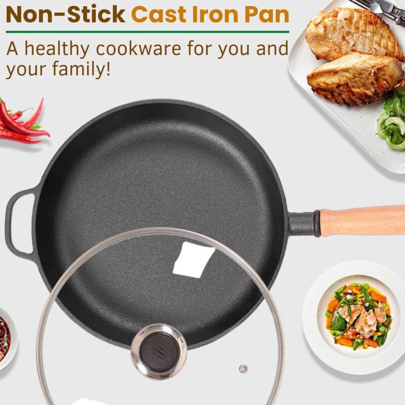 HomeEssentials Cast Iron Frypan - Skillet Pan for Frying/Natural Non Stick Pan/Induction & Gas Base/Pre Seasoned, 100% Toxin Free, Naturally Long Lasting (22cm with Lid) - Image 5