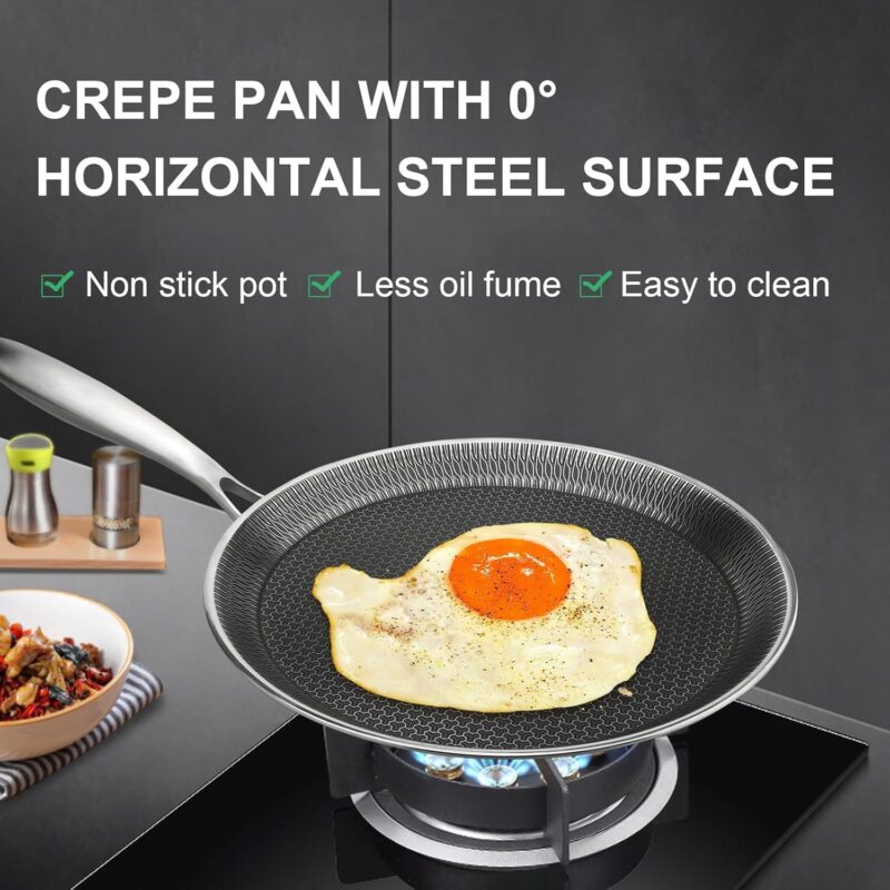 HaRvic Nonstick Crepe Pan Stainless Steel Crepe Pan, Honeycomb Coating Flat Skillet Tawa Dosa Tortilla Omelet Griddle Pan, Induction Compatible (28CM) - Image 6