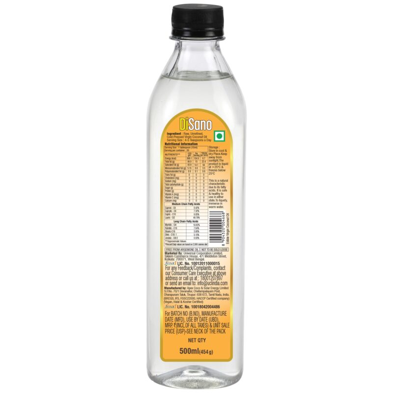 DiSano Cold Press Virgin Coconut Oil Bottle, 500 ml - Image 3