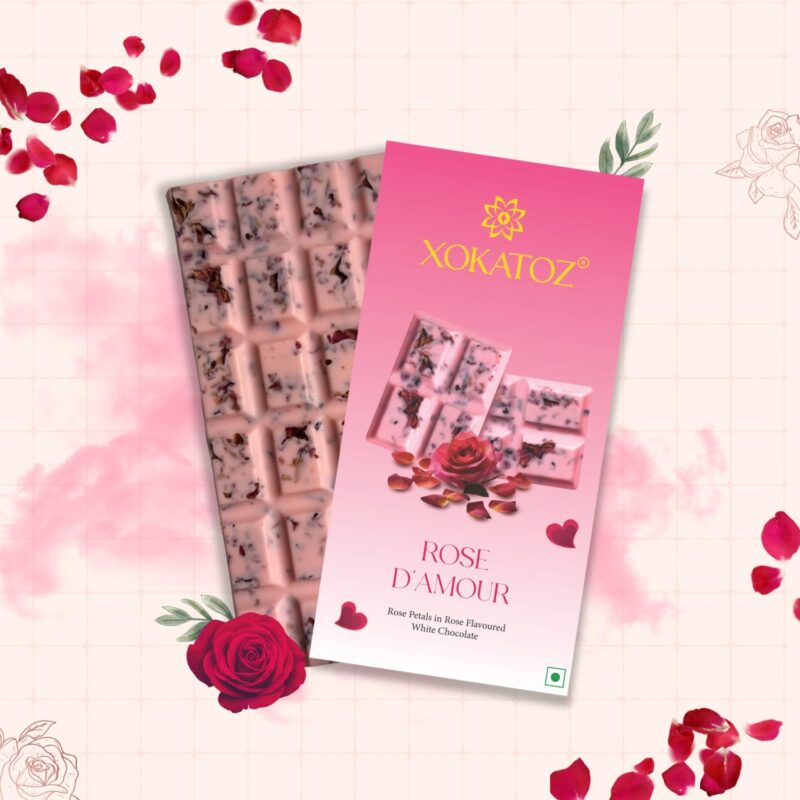 XOKATOZ Exotic Premium Chocolate - 1 Rose D’Amour + 1 Alphonso Mango Flavour - Flavoured White Chocolate Bars - Gift Set - Pack of 2, 150 gm (75gm X 2) - Image 4