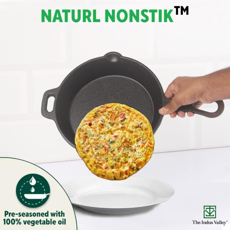 The Indus Valley Pre-Seasoned Cast Iron Cookware Set+ Free Tadka Pan|Tawa (30.5 Cm)+ Kadai (25.4 Cm/2.3L)+ Fry Pan (23 Cm/1.4L)|Kitchen Cooking Combo Pots & Pans Set Of 4Pcs|Naturally Nonstick - Black - Image 4