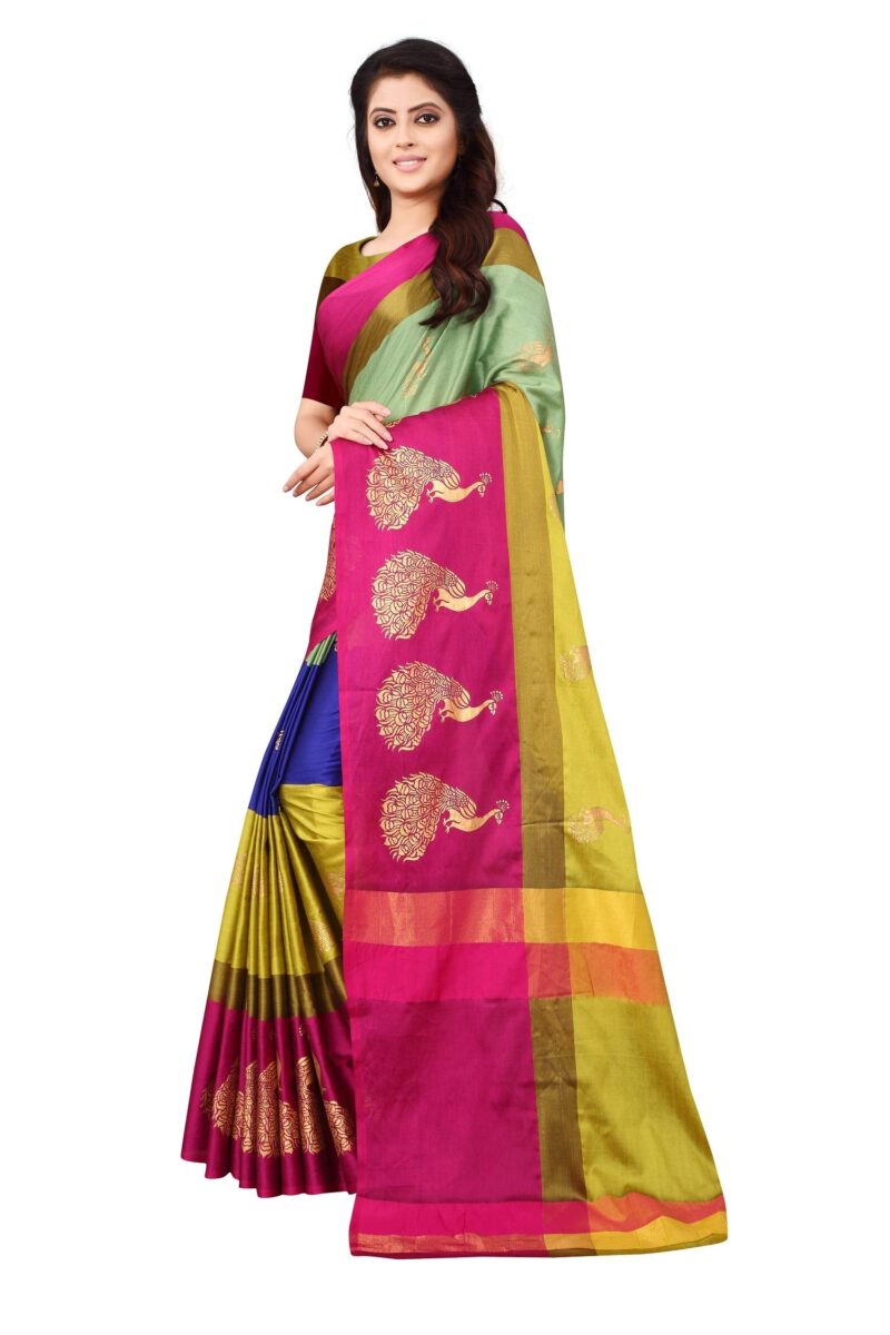 DHRUVI TRENDZ Women Silk Cotton Saree(DT-S166_Pista Green & Pink_Free Size) - Image 4