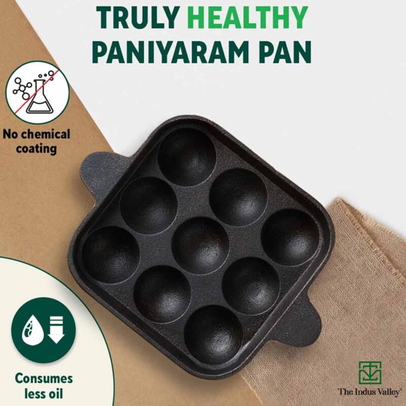 The Indus Valley Pre-Seasoned Cast Iron Square Paniyaram Pan | 9pit, 24cm/9.4inch, 1.3kg | Naturally Nonstick Appe/Paddu Pan, 100% Pure & Toxin-Free, No Chemical Coating, Black - Image 8