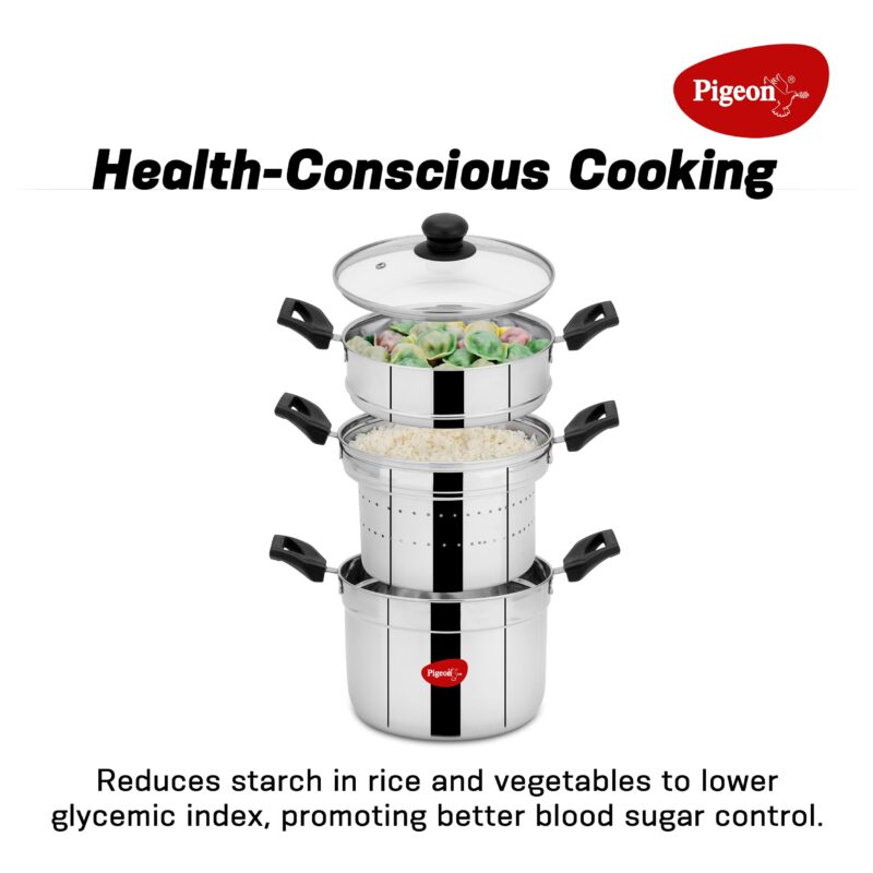 Pigeon by Stovekraft All in one Multipurpose Cookpot with Glass Lid Included Steamer and Strainer for easy cooking, heat resistant handles, Heavy gauge stainless steel idly plates inside with 4 cavity (4 idly plates, 16 idlies) - Image 8