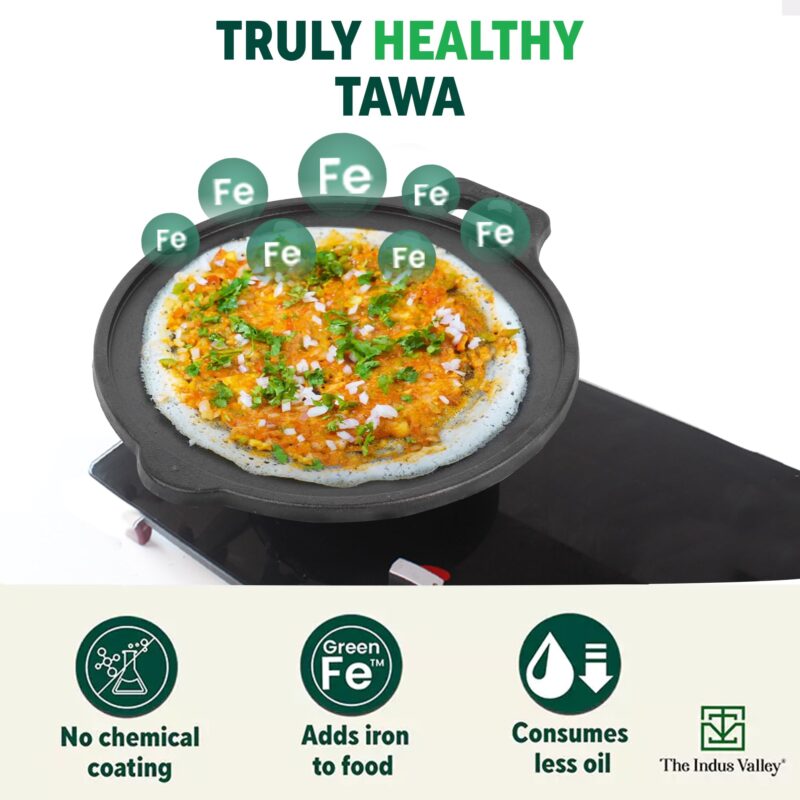 The Indus Valley Super Smooth Cast Iron Tawa with Free Wooden Spatula for Dosa/Chapathi | 30.5cm/12 inch, 2.9kg | Induction Friendly | Naturally Nonstick, 100% Pure & Toxin-Free, No Chemical Coating - Image 8