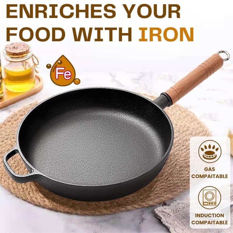HomeEssentials Cast Iron Frypan - Skillet Pan for Frying/Natural Non Stick Pan/Induction & Gas Base/Pre Seasoned, 100% Toxin Free, Naturally Long Lasting (22cm with Lid) - Image 3