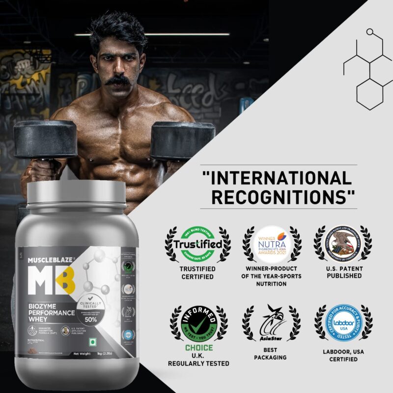 MuscleBlaze Biozyme Performance Whey Protein (Rich Chocolate, 1 kg / 2.2 lb) | Clinically Tested 50% Higher Protein Absorption | Informed Choice UK, Labdoor USA Certified & US Patent Filed EAF® - Image 6