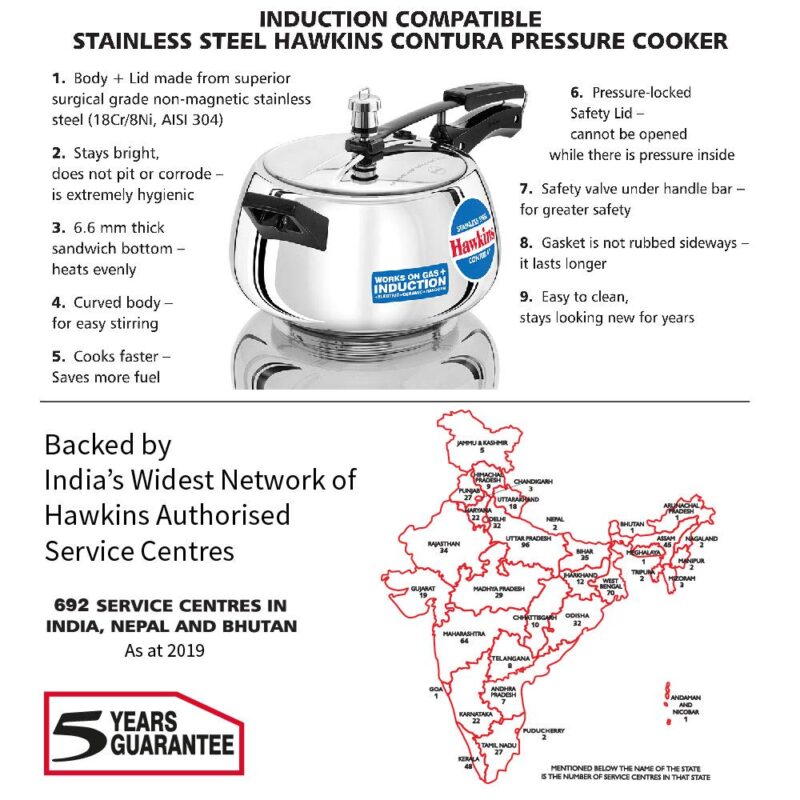 Hawkins 5 Litre Contura Pressure Cooker, Stainless Steel Inner Lid Cooker, Handi Cooker, Induction Cooker, Silver (SSC50) - Image 6