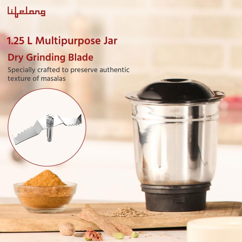 Lifelong Mixer Grinder for Kitchen - 3 Jars 500 Watt Mixie - Chutney Jar, Dry Grinder Jar & Liquidizing Jar used as Wet Grinder & Blender for Milkshake, Smoothie, Puree -Stainless Steel Blades(LLMG23) - Image 8