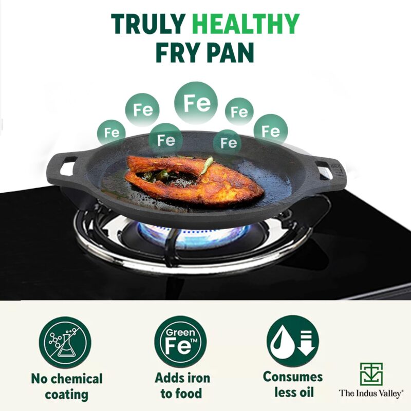 The Indus Valley Preseasoned Cast Iron Fish Fry Pan With Double Handle| Medium 22.4Cm/ 8.8Inch, 1.5Kg | Induction Friendly | Nonstick Fish Fry Pan, 100% Pure & Toxin Free, No Chemical Coating, Black - Image 7