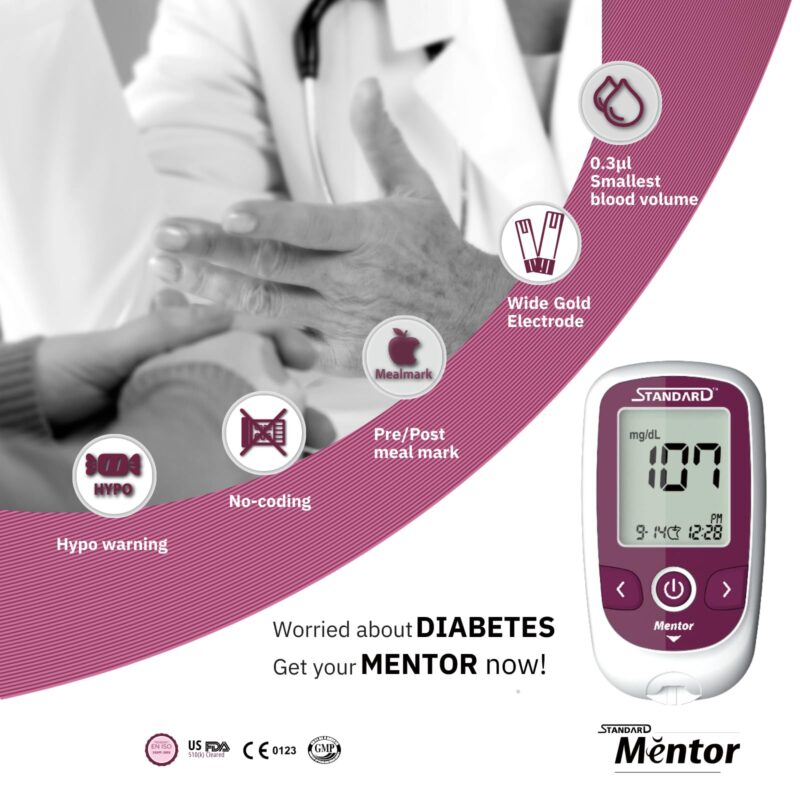 STANDARD Mentor Digital Blood Glucose Meter for self Diabetes testing monitor machine with 10 Strips & complete medical device Kit - Glucometer (Magenta) - Image 2