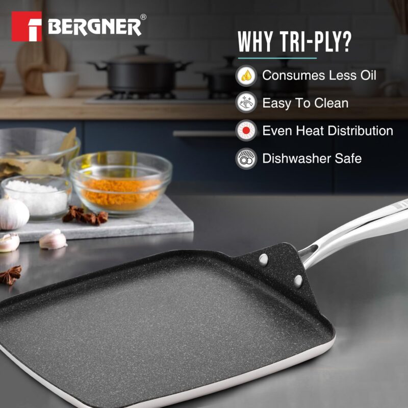 BERGNER Argent Samsara Triply Stainless Steel 27cm Square Multi Tawa with Quantanium Non-Stick Coating, Consumes Less Oil, Healthy Cooking, Even and Fast Heating, Easy to Clean - Induction Compatible - Image 6